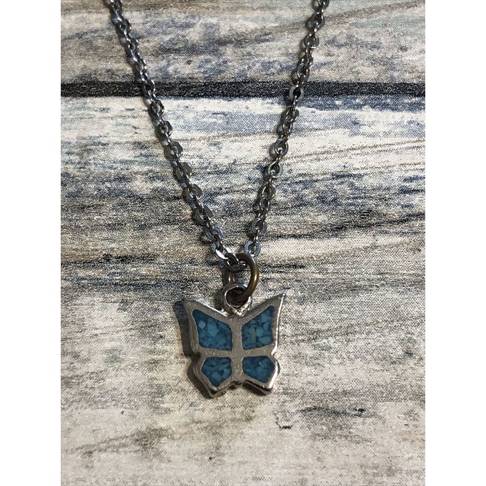 Butterfly Turquoise Inlay Silver Tone 16" Chain Necklace Dainty Estate
